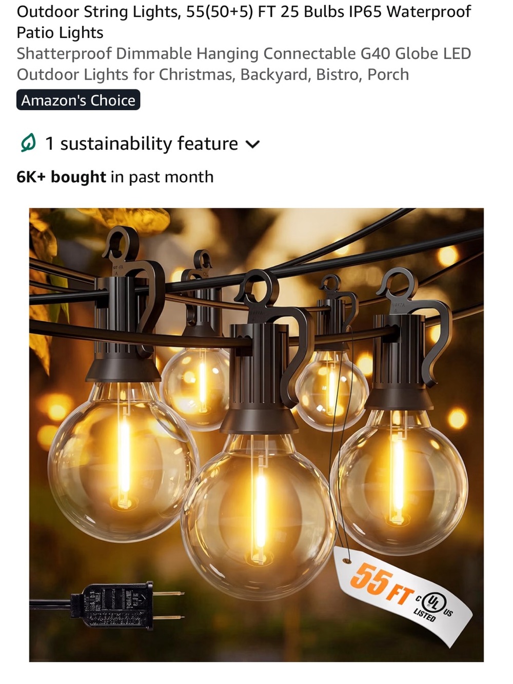 Brightown Amber Globe Patio String Lights with Black Cord